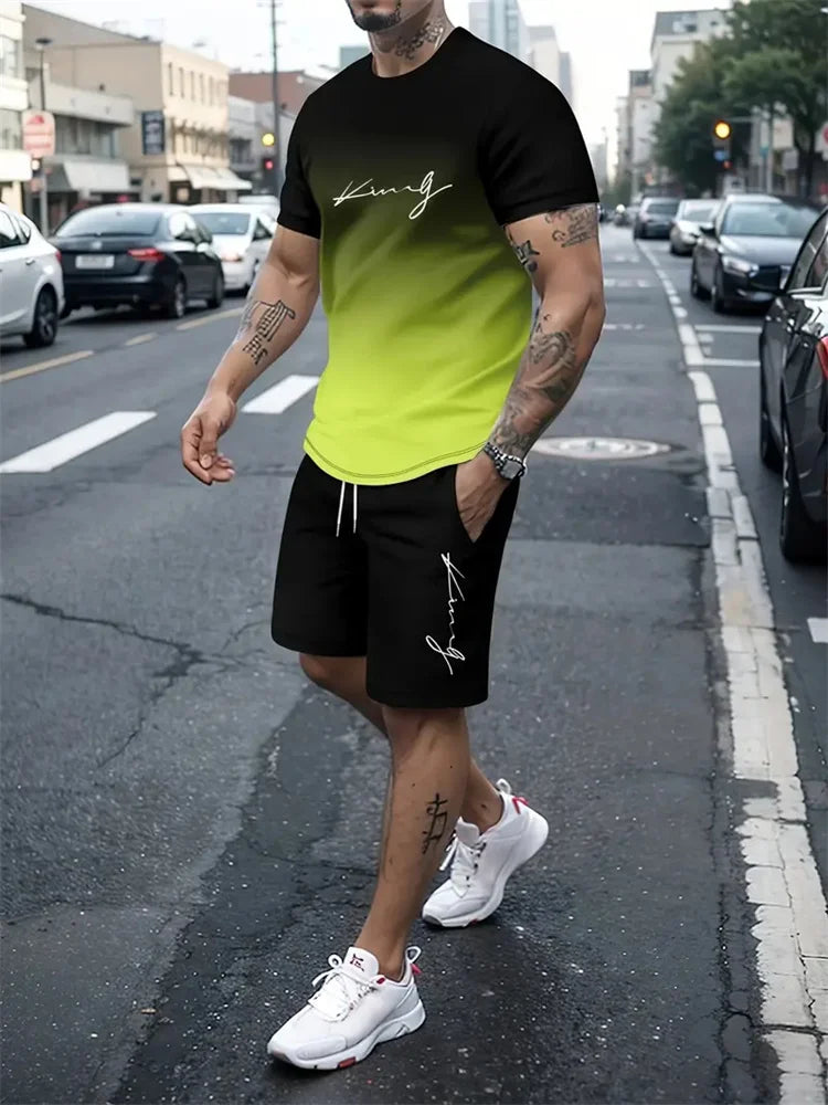RBB Men’s 2-Piece Summer Outfit – 3D Printed Short Sleeve T-Shirt & Casual Shorts Sportswear Tracksuit
