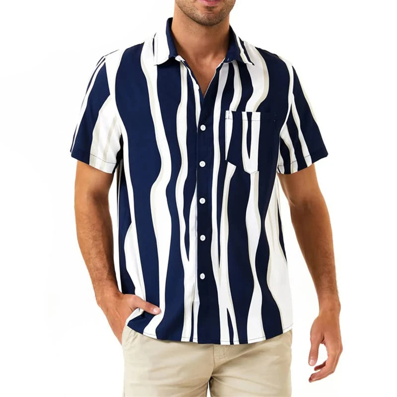RBB Men's Striped Short Sleeve Button-Up T-Shirt – Turn-Down Collar Casual Summer Fashion Top