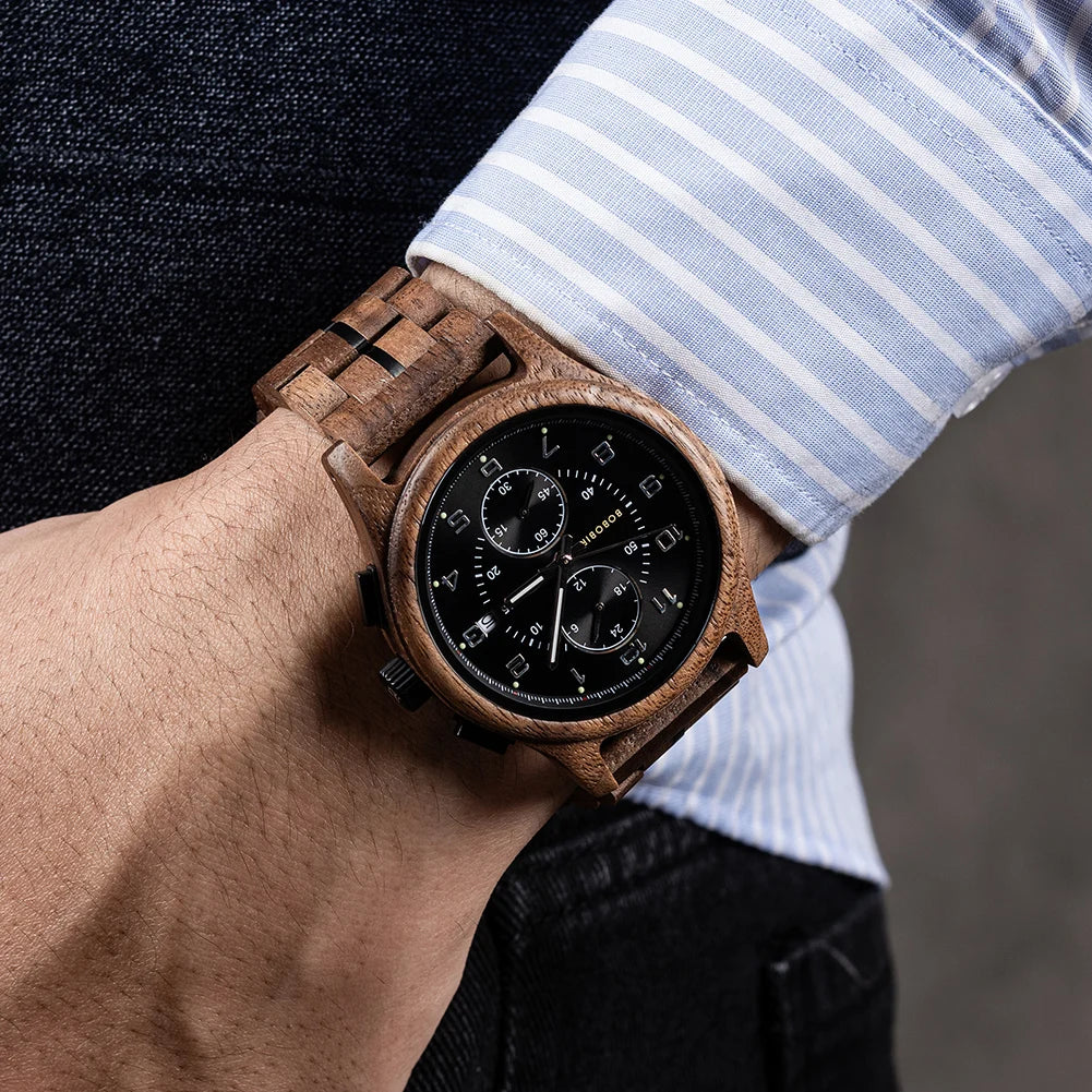 RBB Wooden Chronograph Watch for Men – Luminous Hands, Natural Wood Design, Anniversary Gift