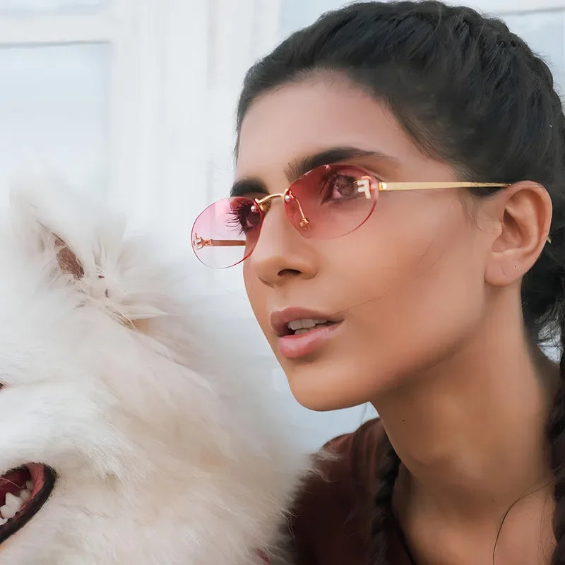 RBB Retro Oval Rimless Sunglasses – Unisex Elegant Diamond Style with Letter “F” Detailing