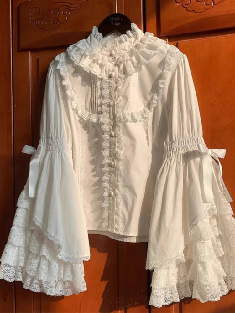 RBB Women's Kawaii Lace Patchwork Shirt – Sweet Lolita Y2K Loose Flare Sleeve Blouse