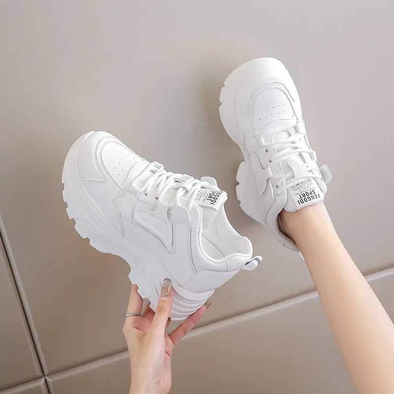 2025 Women’s White PU Leather Platform Sneakers — Lace-Up Thick Sole Casual Vulcanized Shoes
