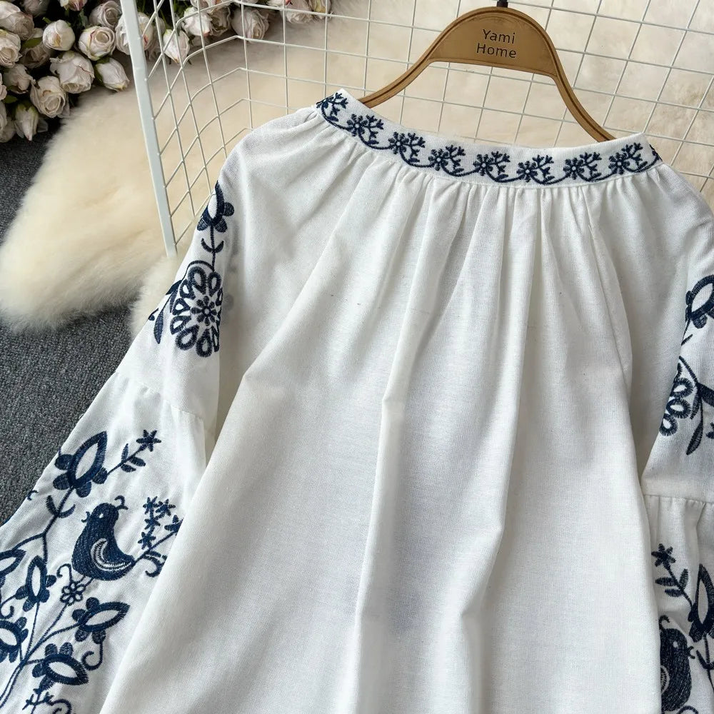 RBB Women's Retro Ethnic Embroidered Shirt –  Style Loose Long Sleeve Blouse