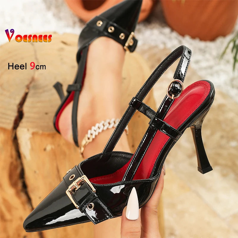 RBB Women’s 9cm Glossy Slingback Pumps – Buckle Strap Pointed-Toe Heels (EU 34–46)