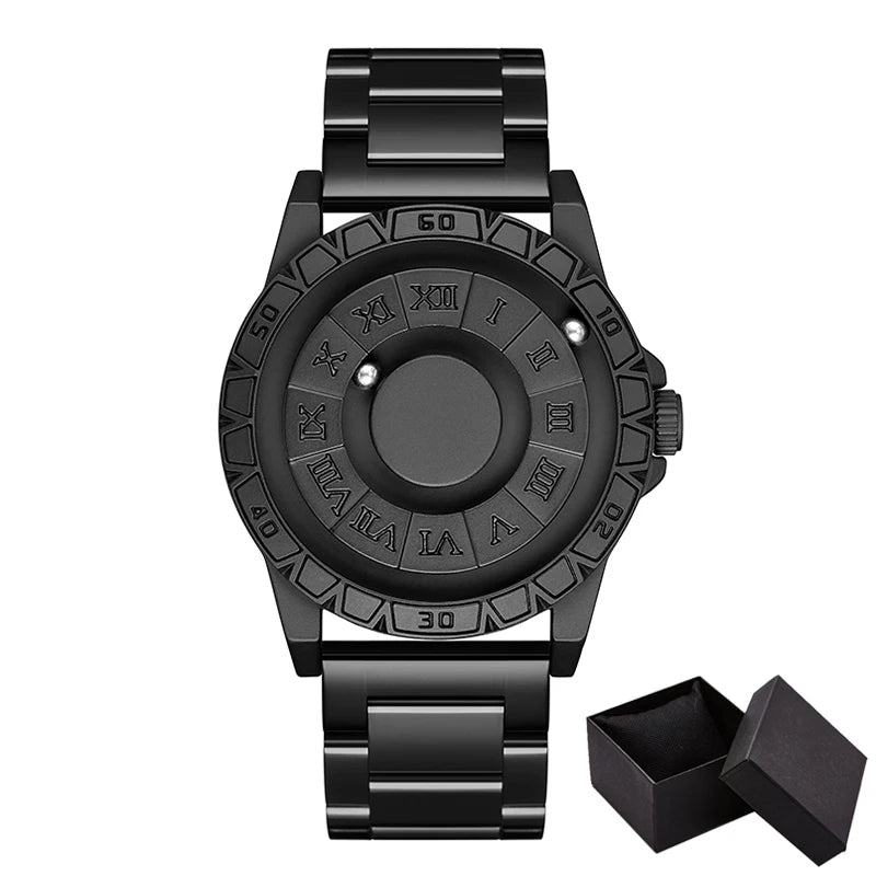 RBB New Men’s Black Stainless Steel Quartz Wristwatch – Magnetic Bead Pointer, Conceptual Dial, Casual Style