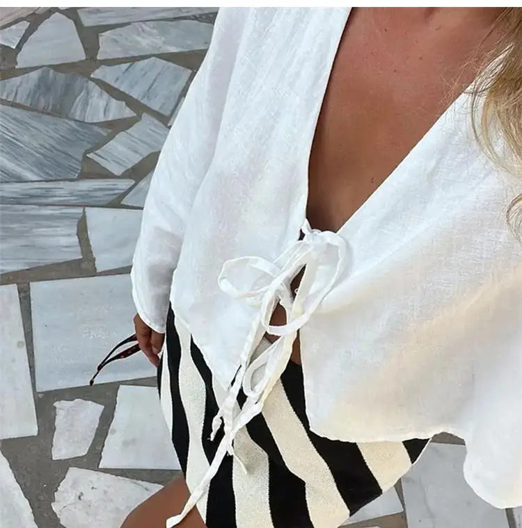 RBB Women's Elegant Lace-Up Bow Shirt – V-Neck Long Flare Sleeve Top