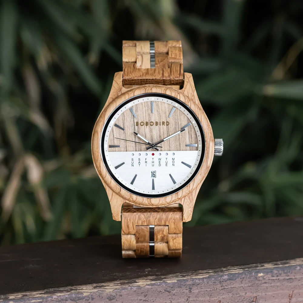 RBB Men's Wooden Quartz Watch – Unique Design with Week & Date Display