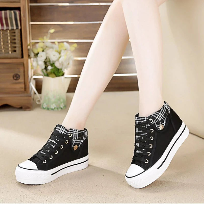 Women's Casual Shoes Flats Ladies Thick Sole Wedge Canvas Shoes Fashion Cowboy Shoes Women Sneakers Lace Up Zapatillas De Mujer