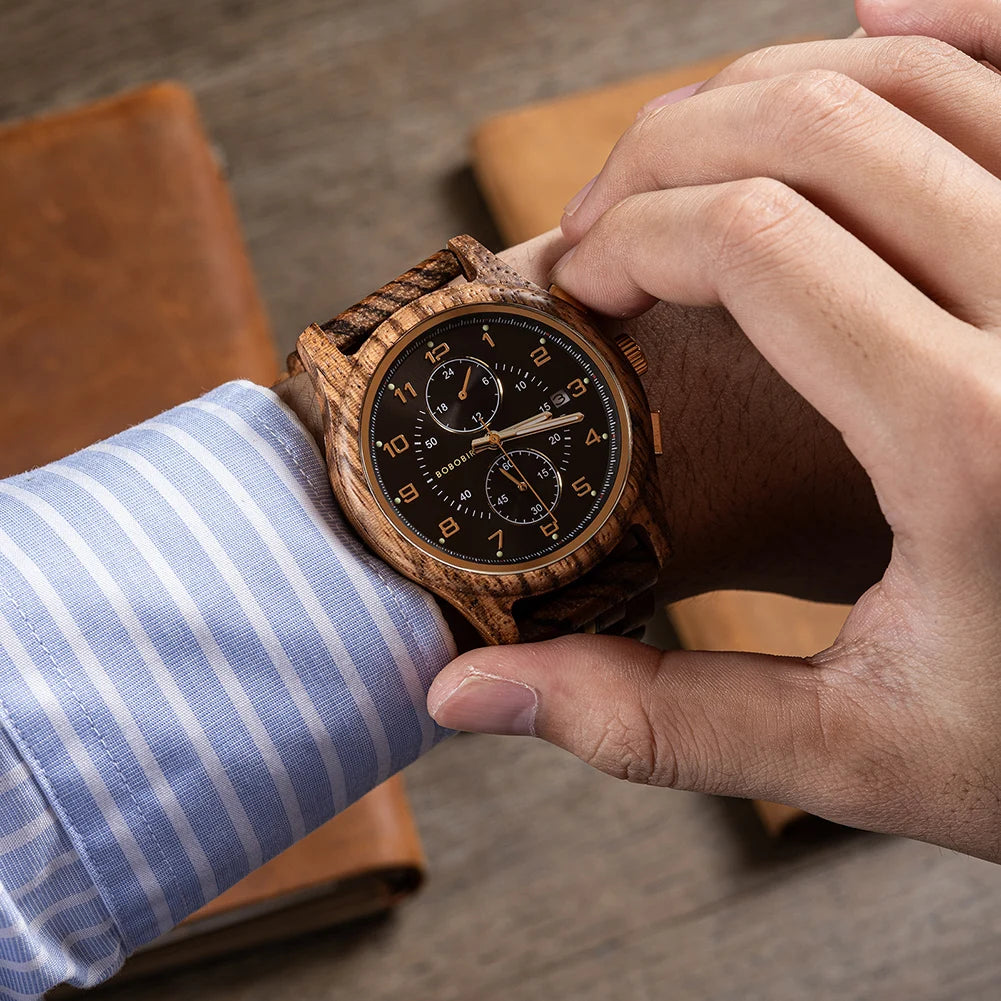 RBB Wooden Chronograph Watch for Men – Luminous Hands, Natural Wood Design, Anniversary Gift