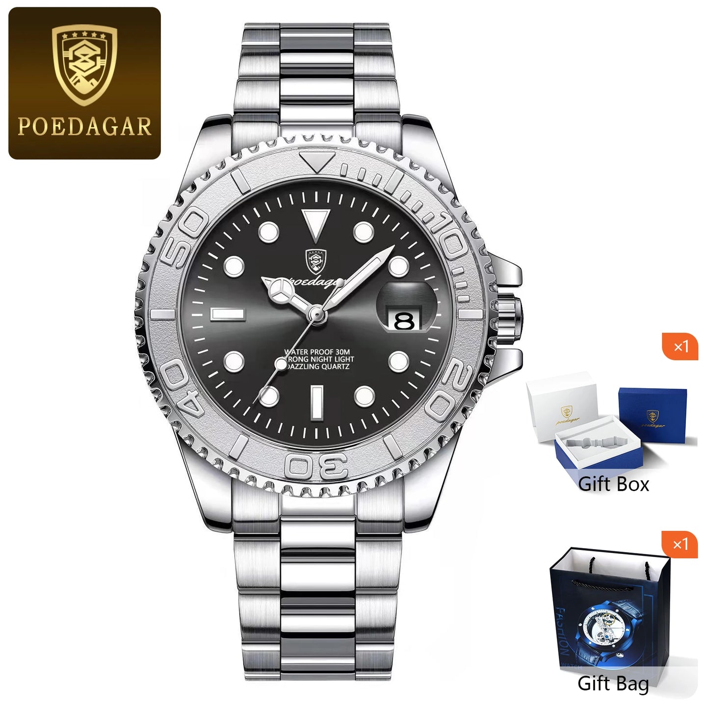 RBB Men’s Waterproof Luminous Stainless Steel Quartz Watch – Business Date Wristwatch with Gift Box