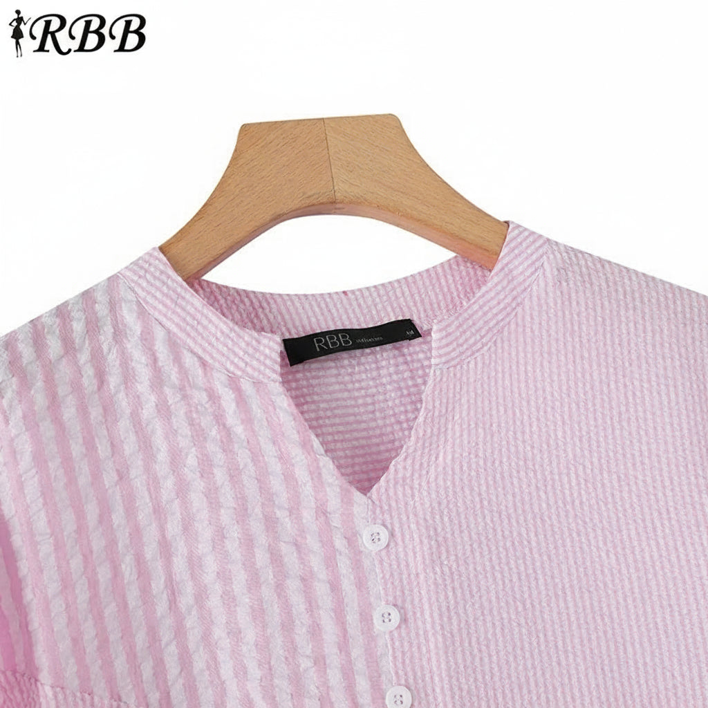 RBB Summer Elegant Striped Women’s Blouse – V-Neck Half Sleeve Loose Fit Drawstring Hem Top