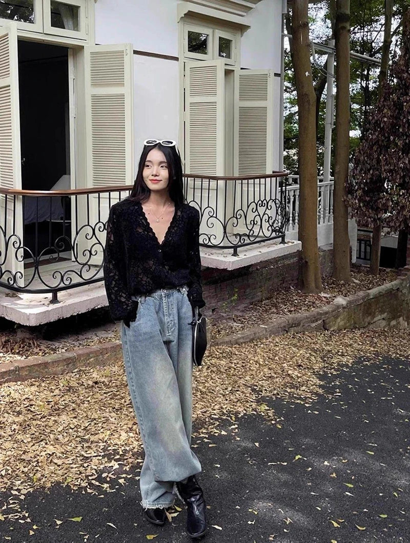 RBB Women's Y2K Lace Sheer Shirt – Sexy Hollow-Out Long Sleeve Streetwear Top