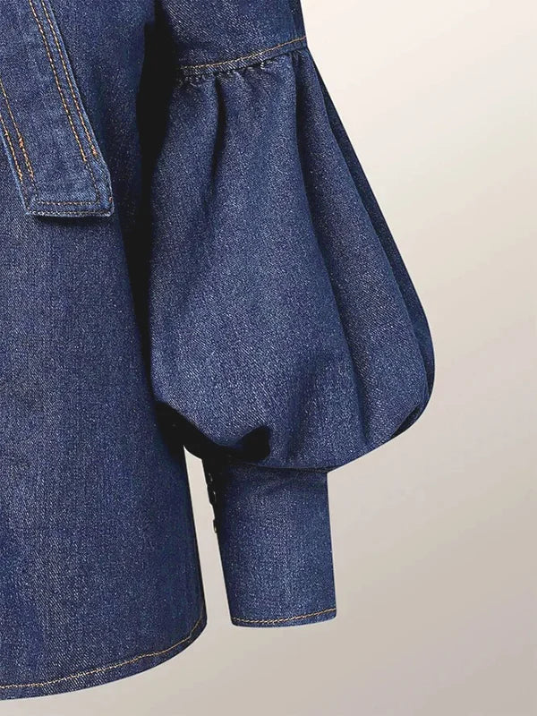 RBB Women's Imitation Denim Blouse – High Neck Puff Sleeve Top with Bow Detail