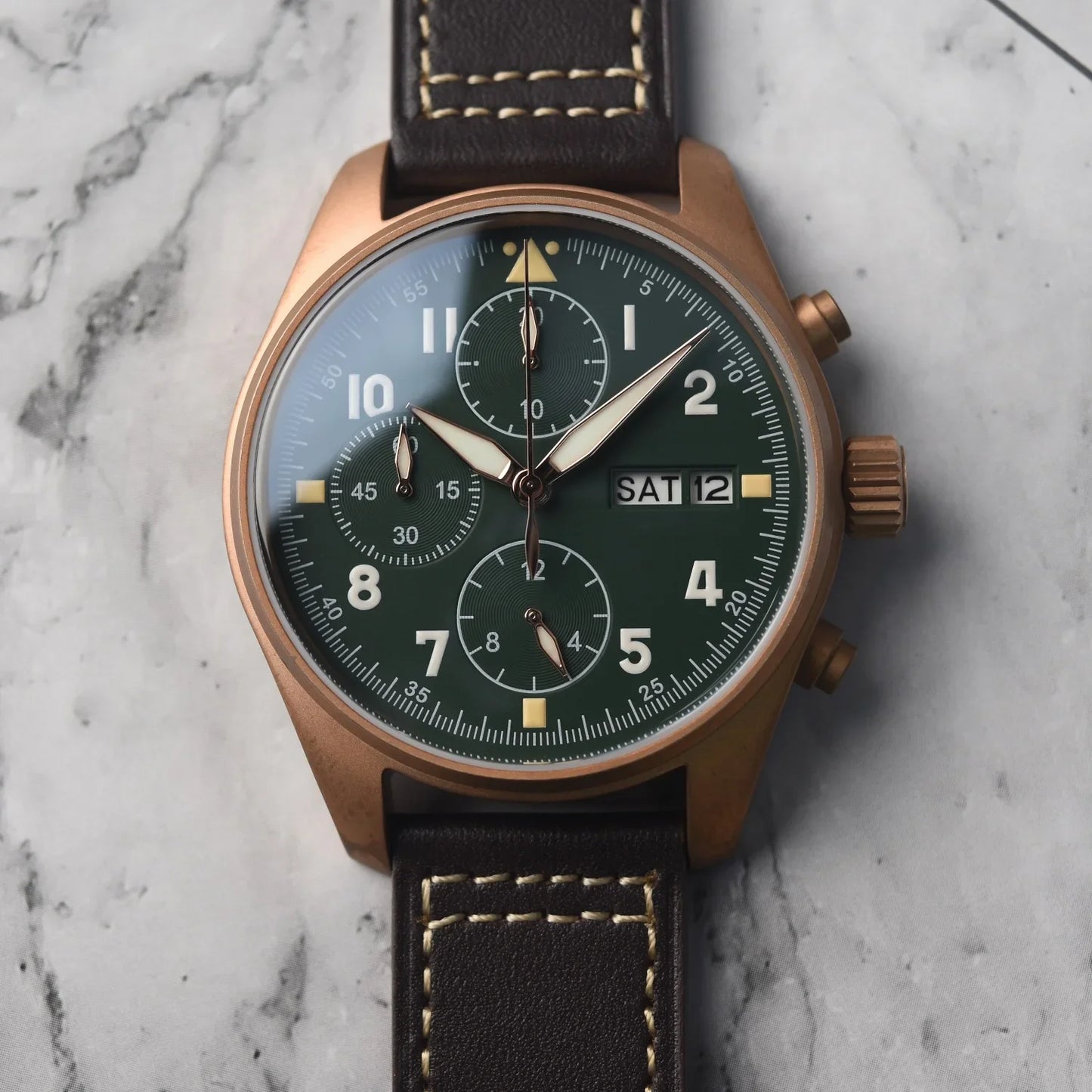 RBB Bronze Pilot Chronograph Watch – 100M Waterproof, Sapphire Crystal, Multifunction Quartz Men’s Wristwatch