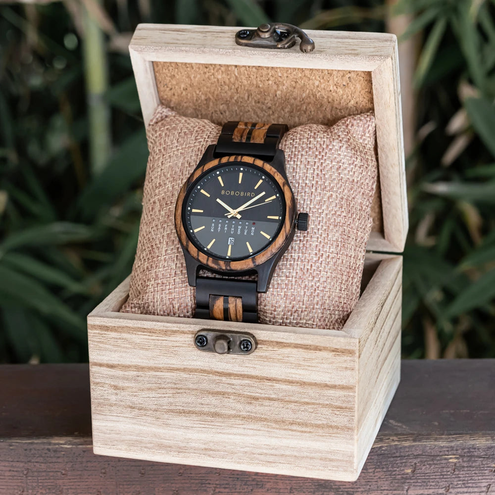 RBB Men's Wooden Quartz Watch – Unique Design with Week & Date Display