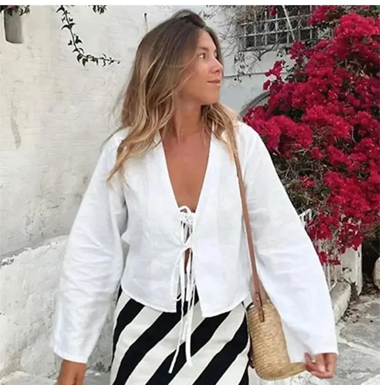 RBB Women's Elegant Lace-Up Bow Shirt – V-Neck Long Flare Sleeve Top