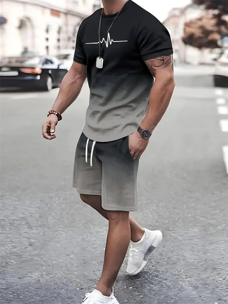 RBB Men’s 2-Piece Summer Outfit – 3D Printed Short Sleeve T-Shirt & Casual Shorts Sportswear Tracksuit