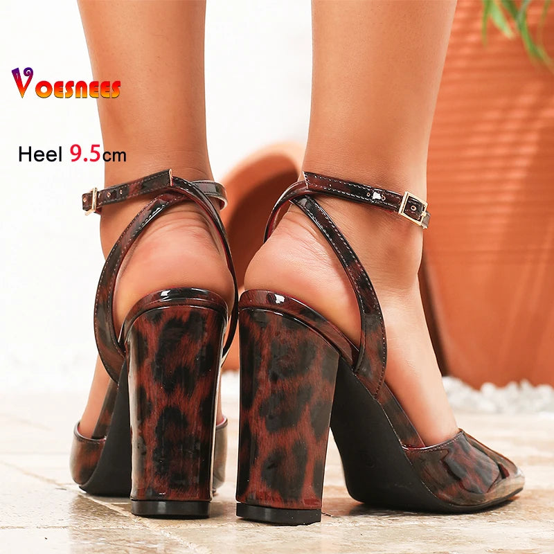 RBB 2025 Women’s Leopard Print Pumps – 9.5CM Thick High Heels | Shallow Pointed Toe | Plus Size Summer Fashion Shoes