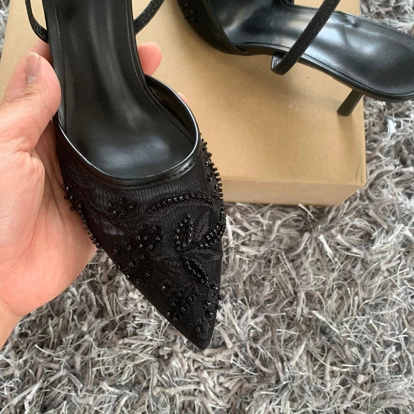 RBB Black Embroidered Mesh Slingback High Heels – Elegant Wedding & Party Pumps for Women