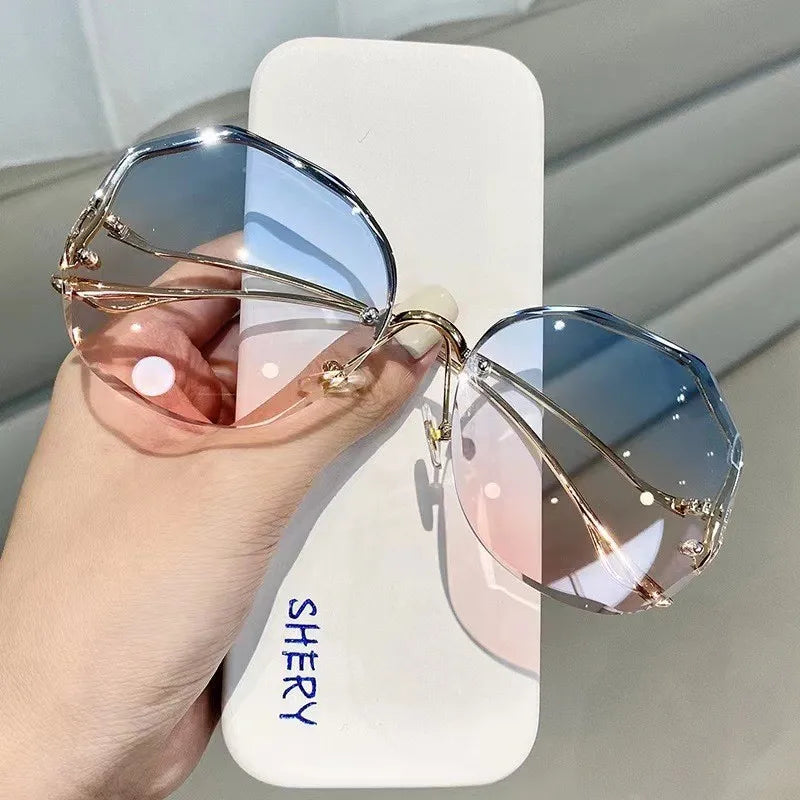 RBB Irregular Rimless Round Sunglasses for Women – Gradient Fashion Designer Shades