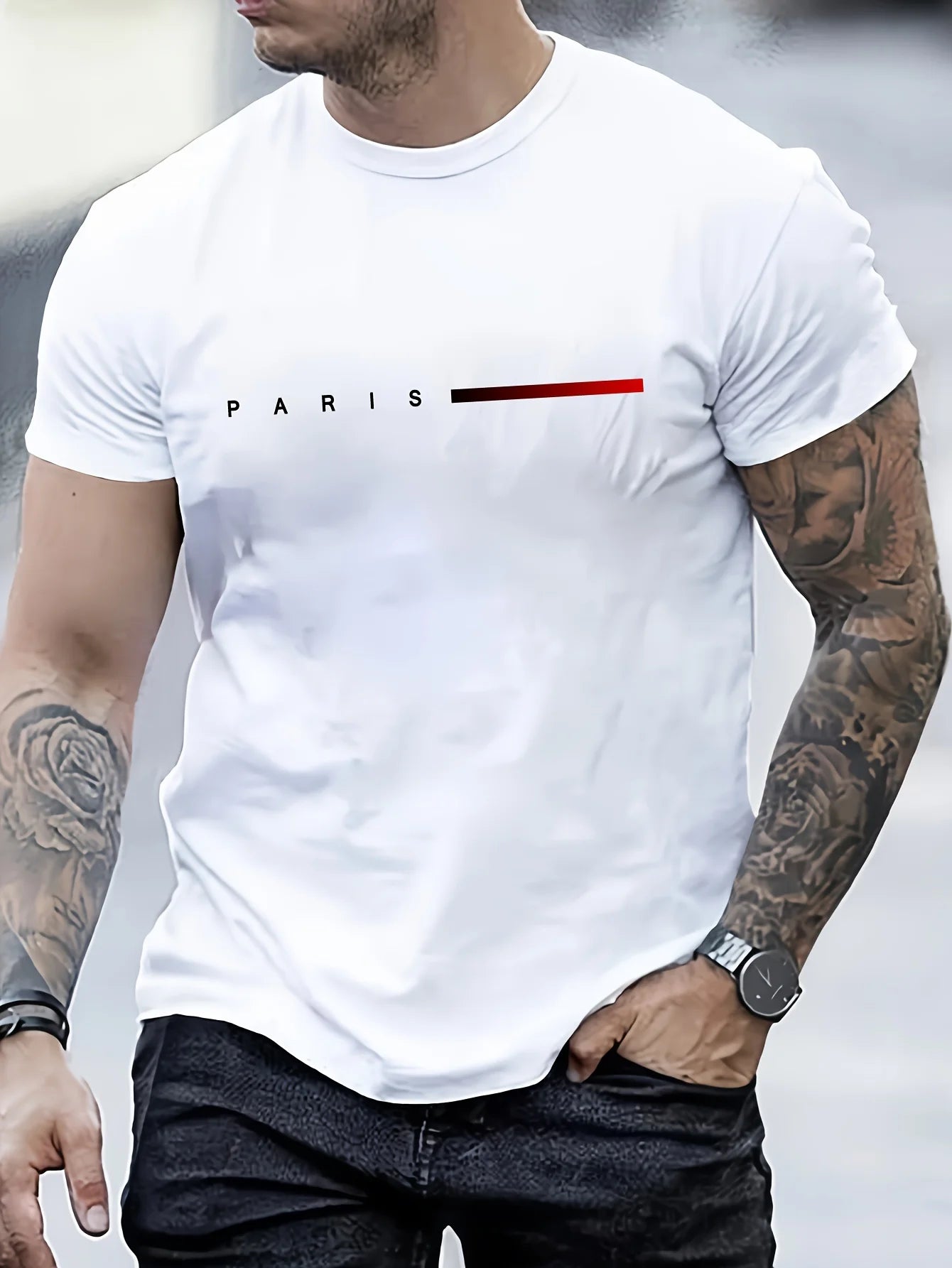 RBB Men’s 100% Cotton Summer Slim Fit PARIS Letter Print Round Neck Short Sleeve T-Shirt