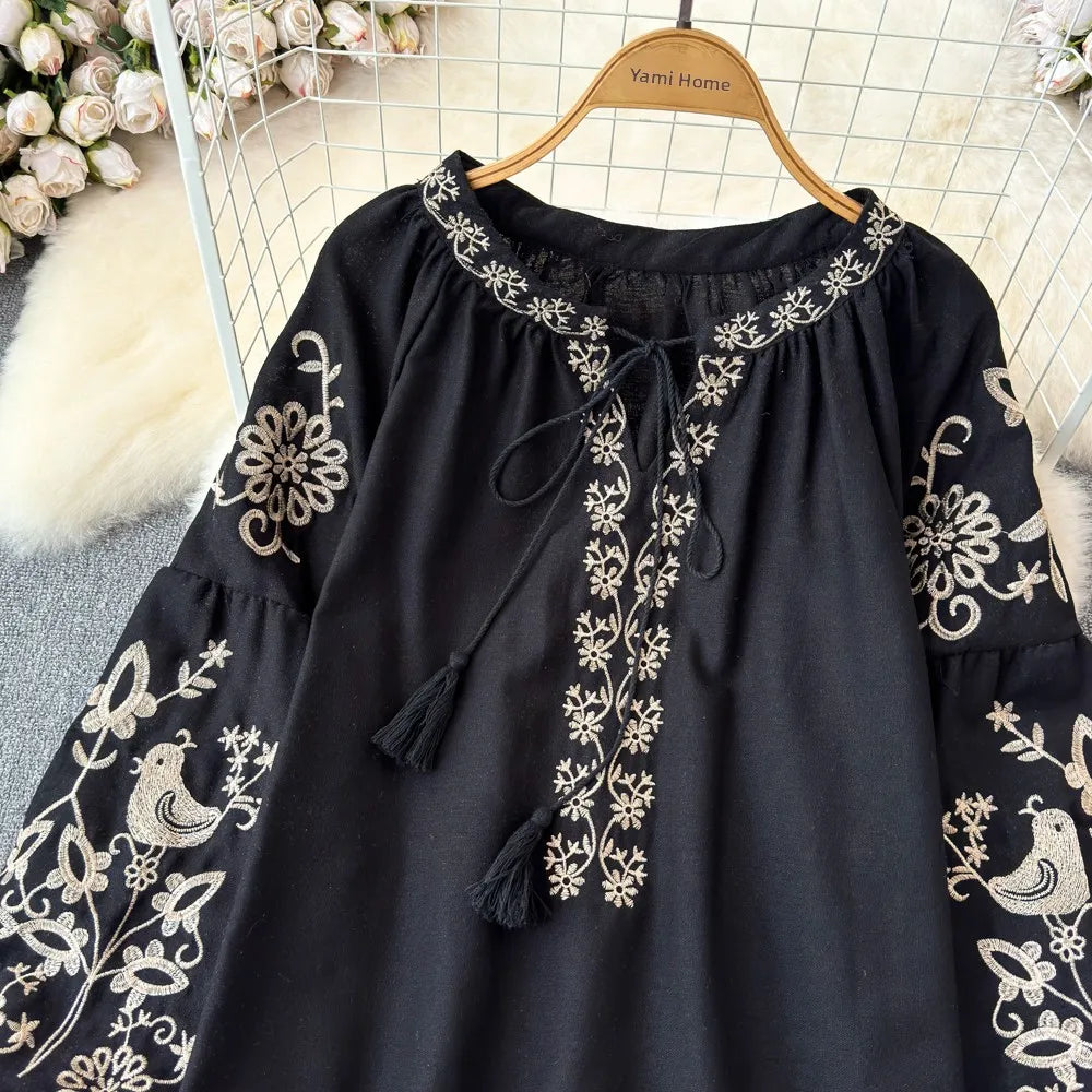 RBB Women's Retro Ethnic Embroidered Shirt –  Style Loose Long Sleeve Blouse