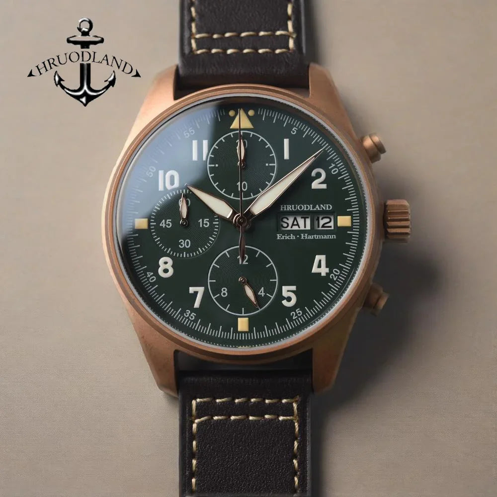 RBB Bronze Pilot Chronograph Watch – 100M Waterproof, Sapphire Crystal, Multifunction Quartz Men’s Wristwatch