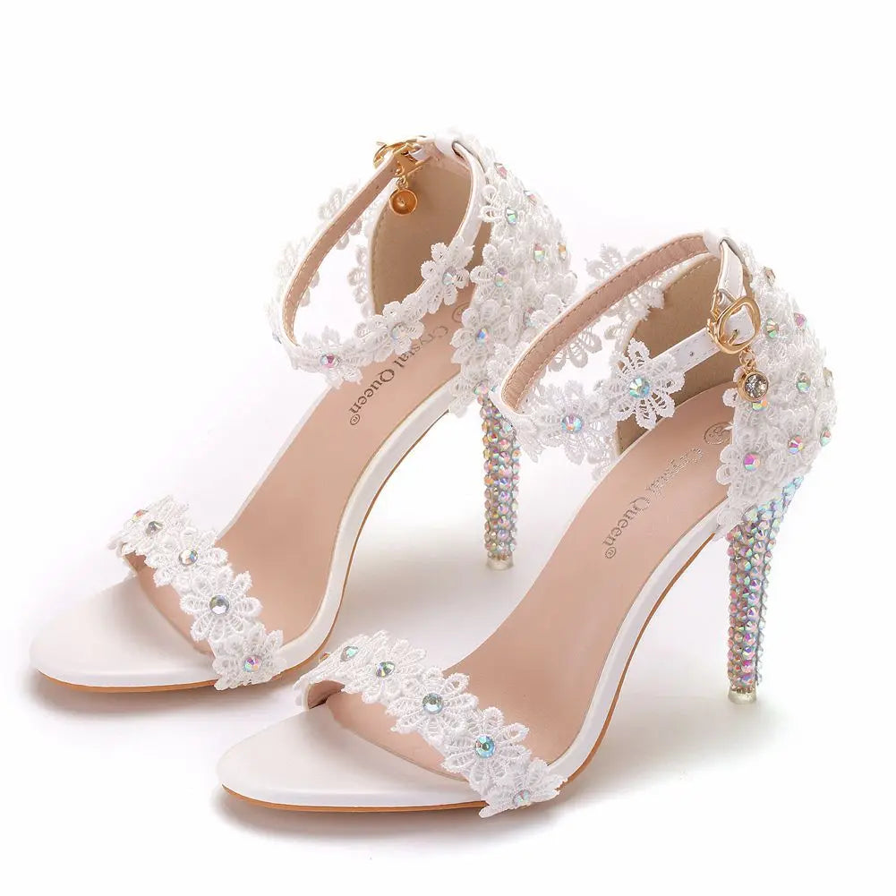 RBB Elegant White Crystal Lace High Heels – Bridal & Party Ankle Strap Sandals (5cm/7cm/9cm/11cm)