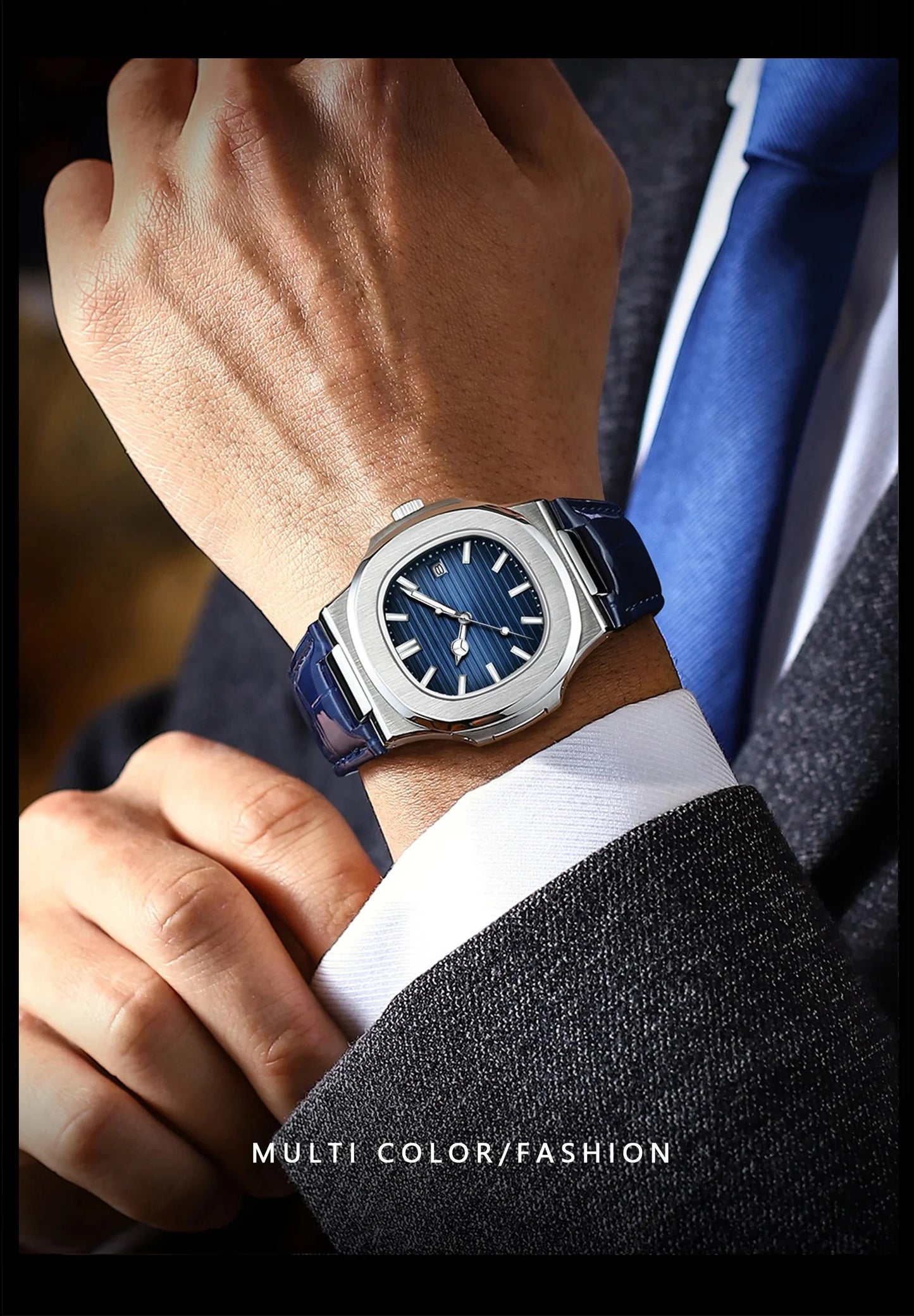 RBB Luxury Men’s Square Quartz Watch – Waterproof, Luminous Date Display, High-Quality Leather Strap