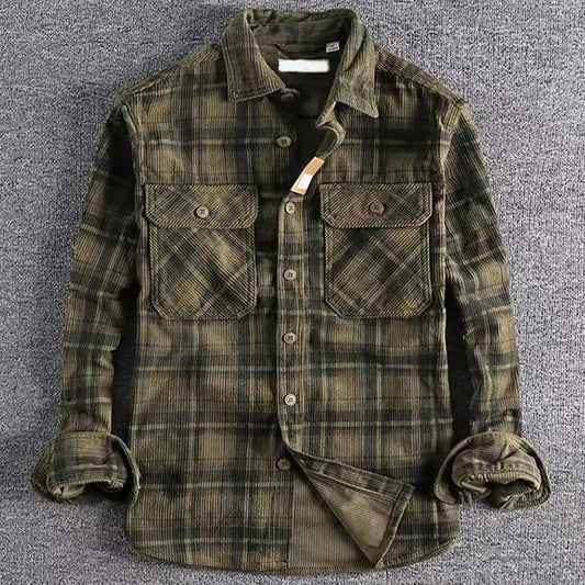 RBB Japanese Vintage Men’s Corduroy Plaid Shirt – Long Sleeve Artistic Classic Style for Spring & Autumn