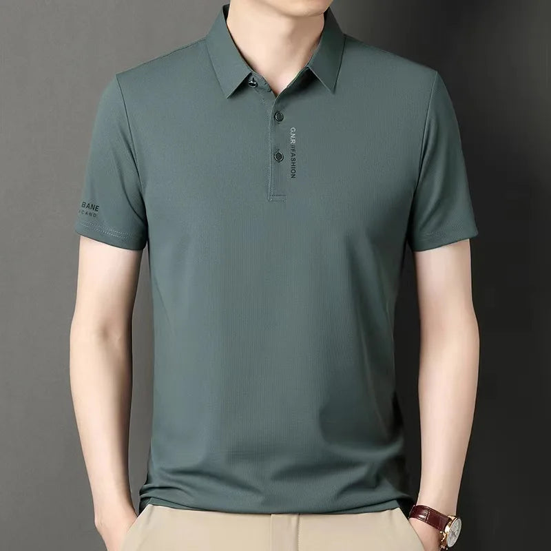 RBB 2025 Men’s Breathable Short Sleeve Solid Color Polo Shirt – Comfortable Elastic Casual Business Top