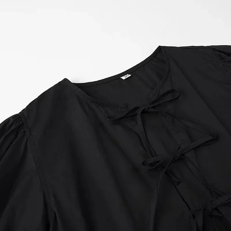 RBB Women's Ruffle Puff Sleeve Blouse – Ruched Crop Top Shirt (White & Black)