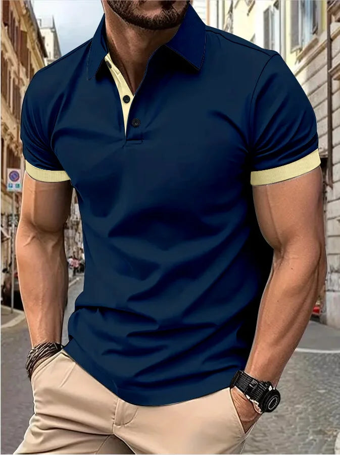 RBB Men’s Short Sleeve Color Matching Fashion Lapel Shirt – Stylish Casual Summer Top