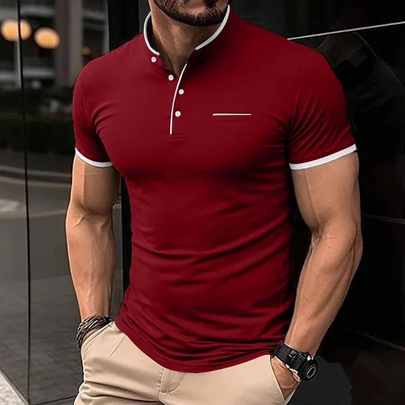 RBB 2025 Men’s Casual Fashion Stand-Up Collar Polo – Solid Color, Short Sleeve, Summer Versatile & Comfortable Top