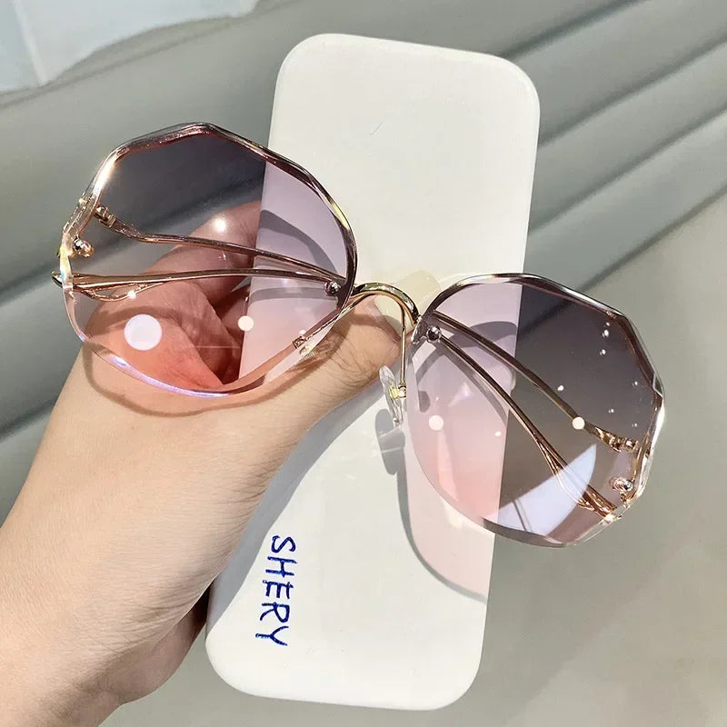 RBB Irregular Rimless Round Sunglasses for Women – Gradient Fashion Designer Shades
