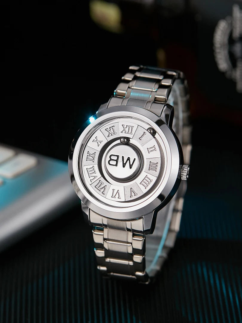 RBB New Men’s Black Stainless Steel Quartz Wristwatch – Magnetic Bead Pointer, Conceptual Dial, Casual Style