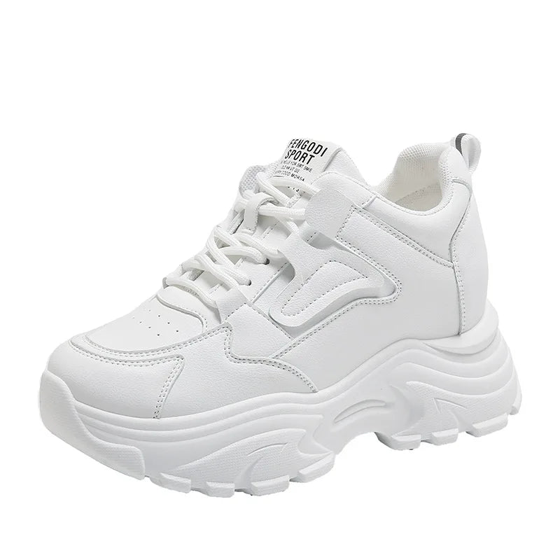 2025 Women’s White PU Leather Platform Sneakers — Lace-Up Thick Sole Casual Vulcanized Shoes