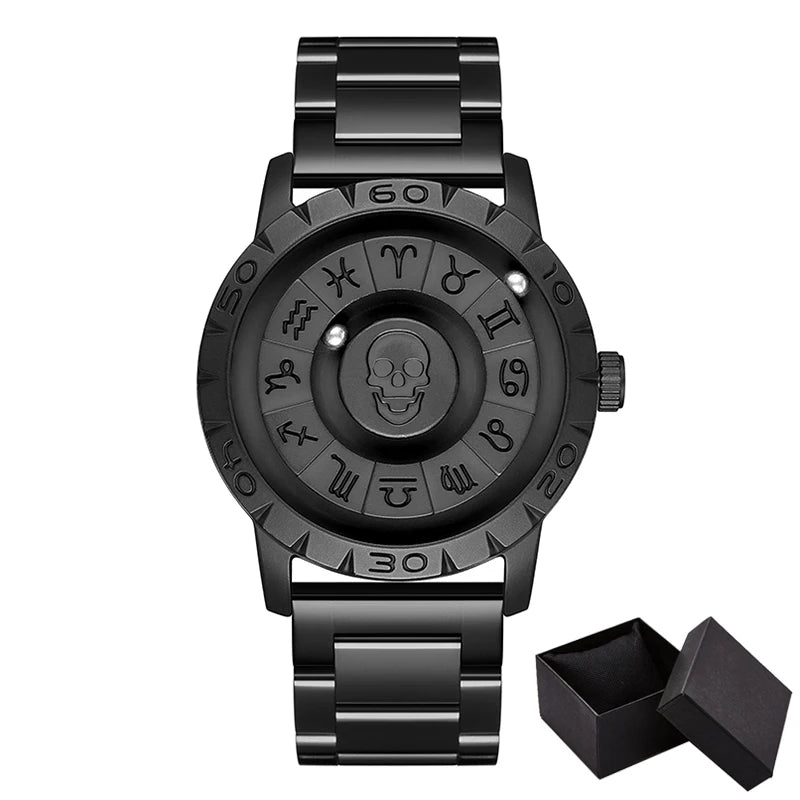 RBB New Men’s Black Stainless Steel Quartz Wristwatch – Magnetic Bead Pointer, Conceptual Dial, Casual Style