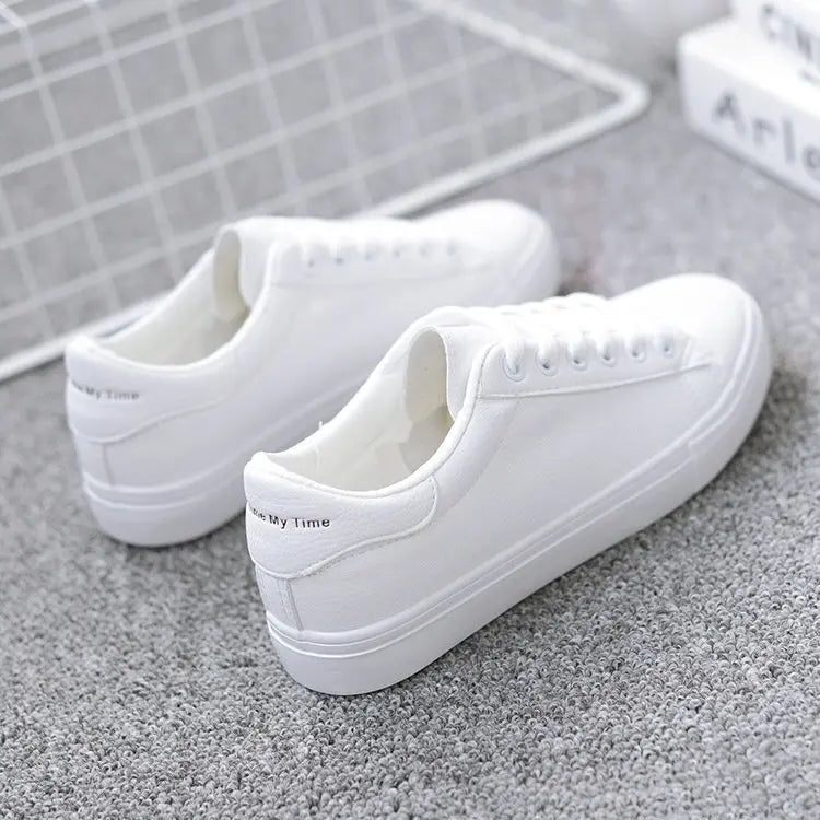 Women’s PU Leather Vulcanized Platform Sneakers – Classic White Casual Shoes
