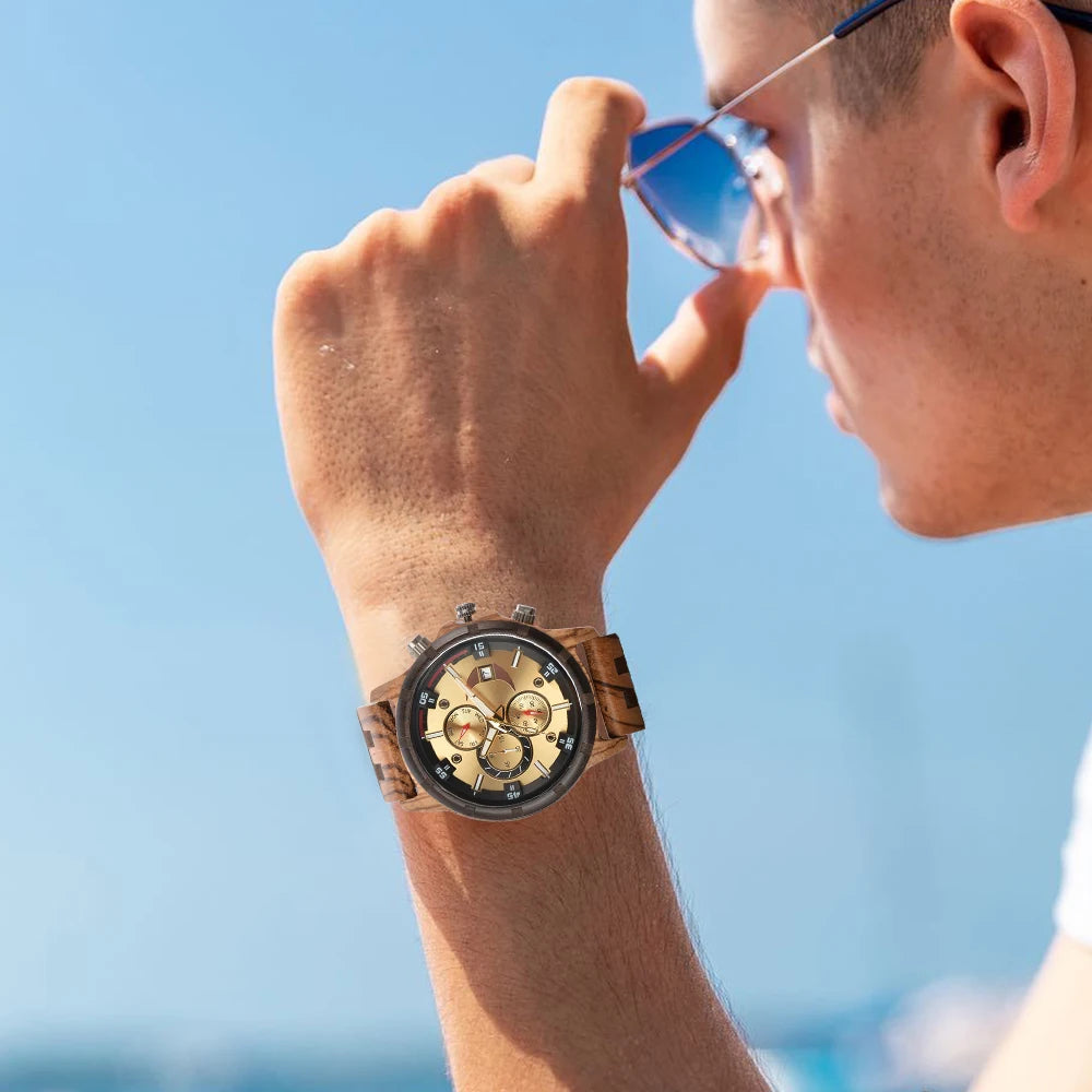 RBB Men’s Wooden Quartz Watch – Date & Week Display with Gift Box