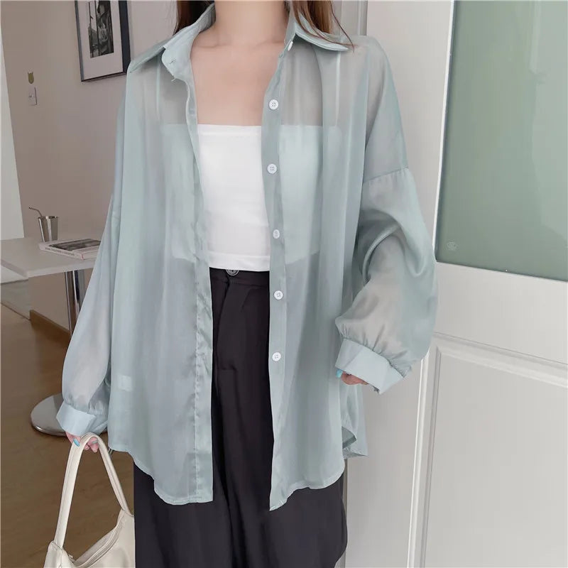RBB Women’s Semi-Sheer Shimmer Long Sleeve Shirt – Lightweight Button-Down Collared Top for Spring/Summer