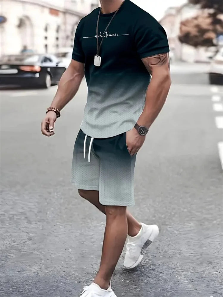 RBB Men’s 2-Piece Summer Outfit – 3D Printed Short Sleeve T-Shirt & Casual Shorts Sportswear Tracksuit
