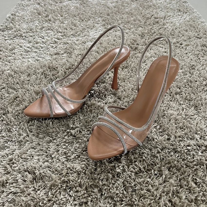 RBB Women’s Crystal Slingback High Heels – Summer Sexy PVC Pointed Toe Pumps