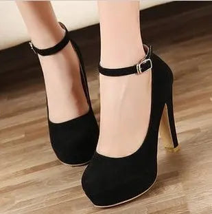 RBB Large Size 42 Sexy Super High Heels Women’s Ankle Buckle Chunky Platform Pumps — Black Flock Square Heel Party Shoes