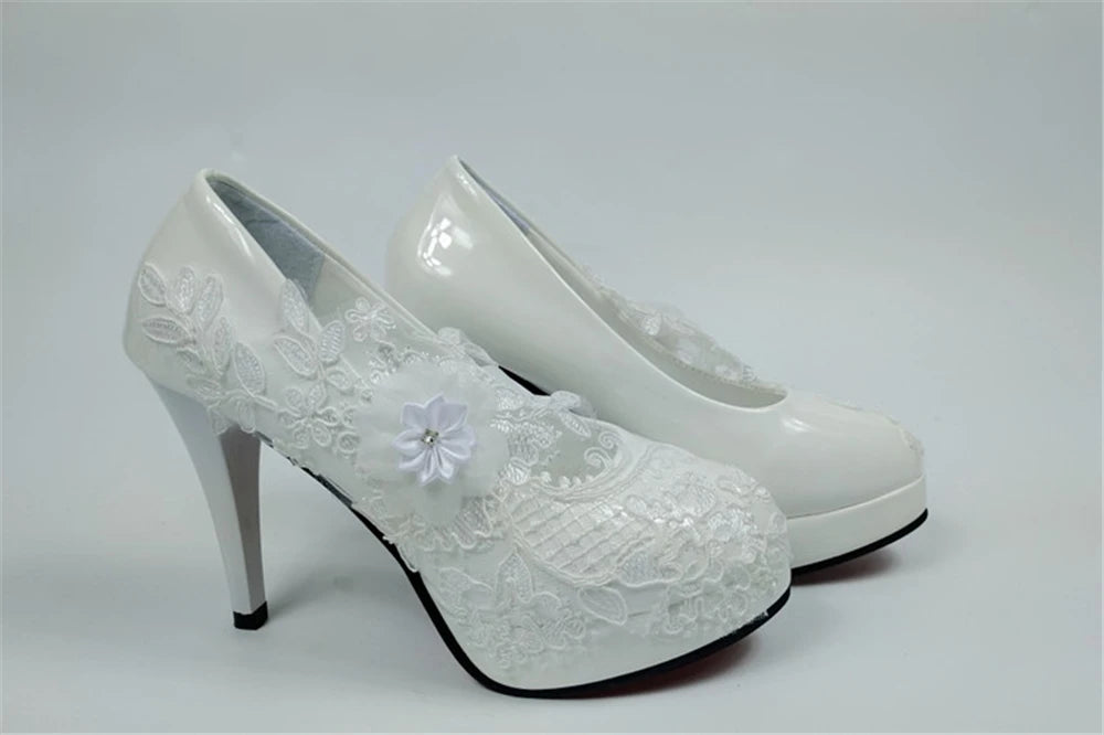 RBB Spring New Round-Toe Waterproof Platform Lace Rhinestone Low-Heel Wedding Shoes – Thin High-Heeled Dress Shoes