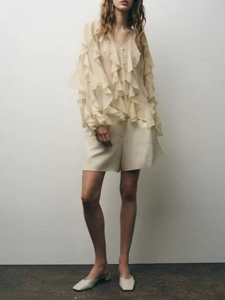 RBB Women's Summer V-Neck Ruffle Blouse – Sheer Tiered Button-Front Beach Top