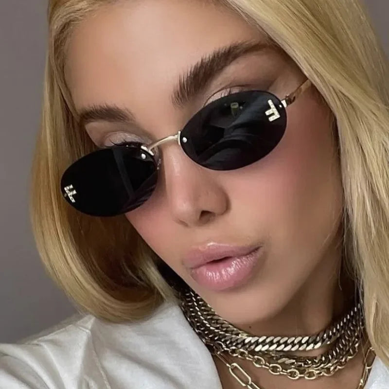 RBB Retro Oval Rimless Sunglasses – Unisex Elegant Diamond Style with Letter “F” Detailing