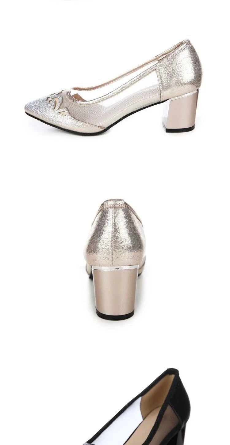 RBB Diamond Crystal Rhinestone Medium Heel Square Pumps – Elegant Women’s Dress Shoes 2025 Trend