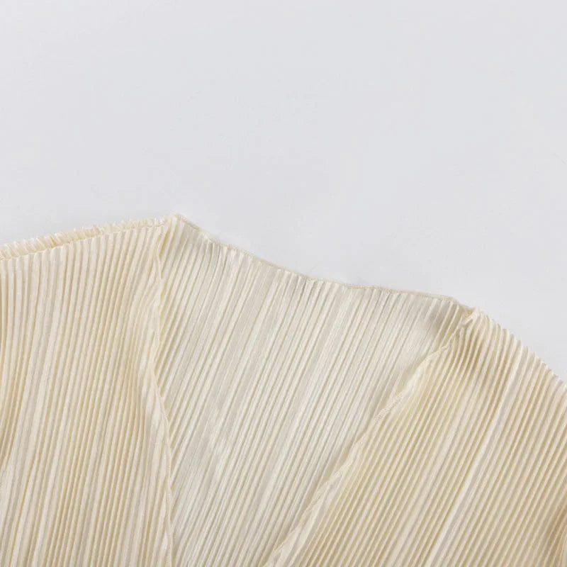 RBB Women's Pleated V-Neck Blouse – Long Flare Sleeve Tie-Up Cardigan Top