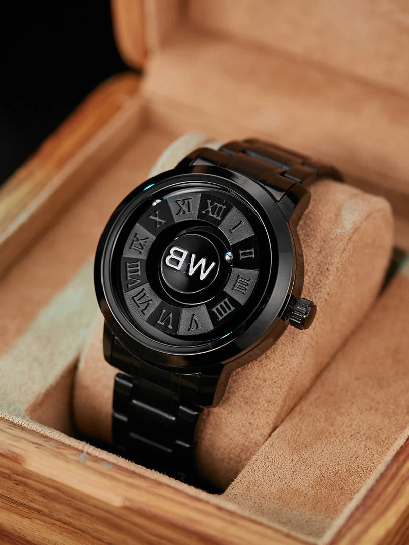 RBB New Men’s Black Stainless Steel Quartz Wristwatch – Magnetic Bead Pointer, Conceptual Dial, Casual Style